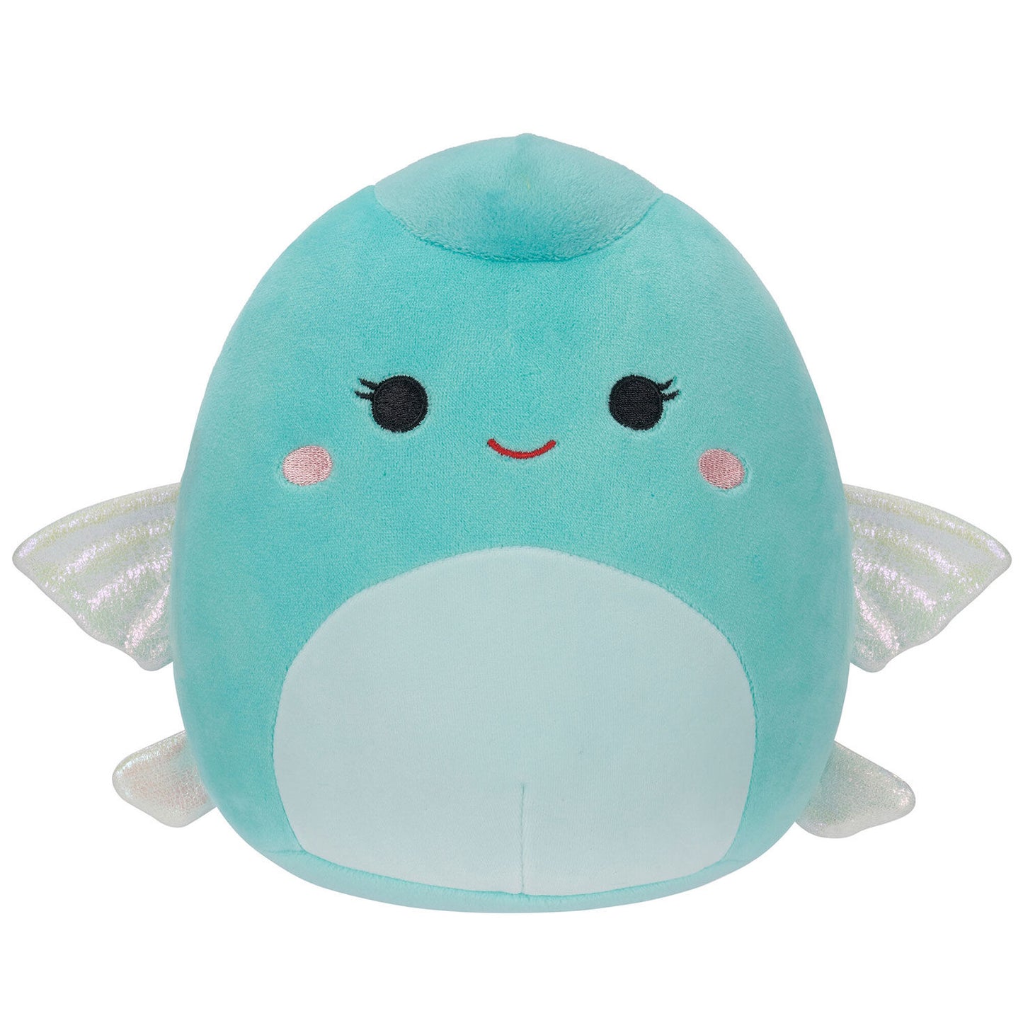 Teal plush Squishmallow flying fish with shiny fins and rosy cheeks