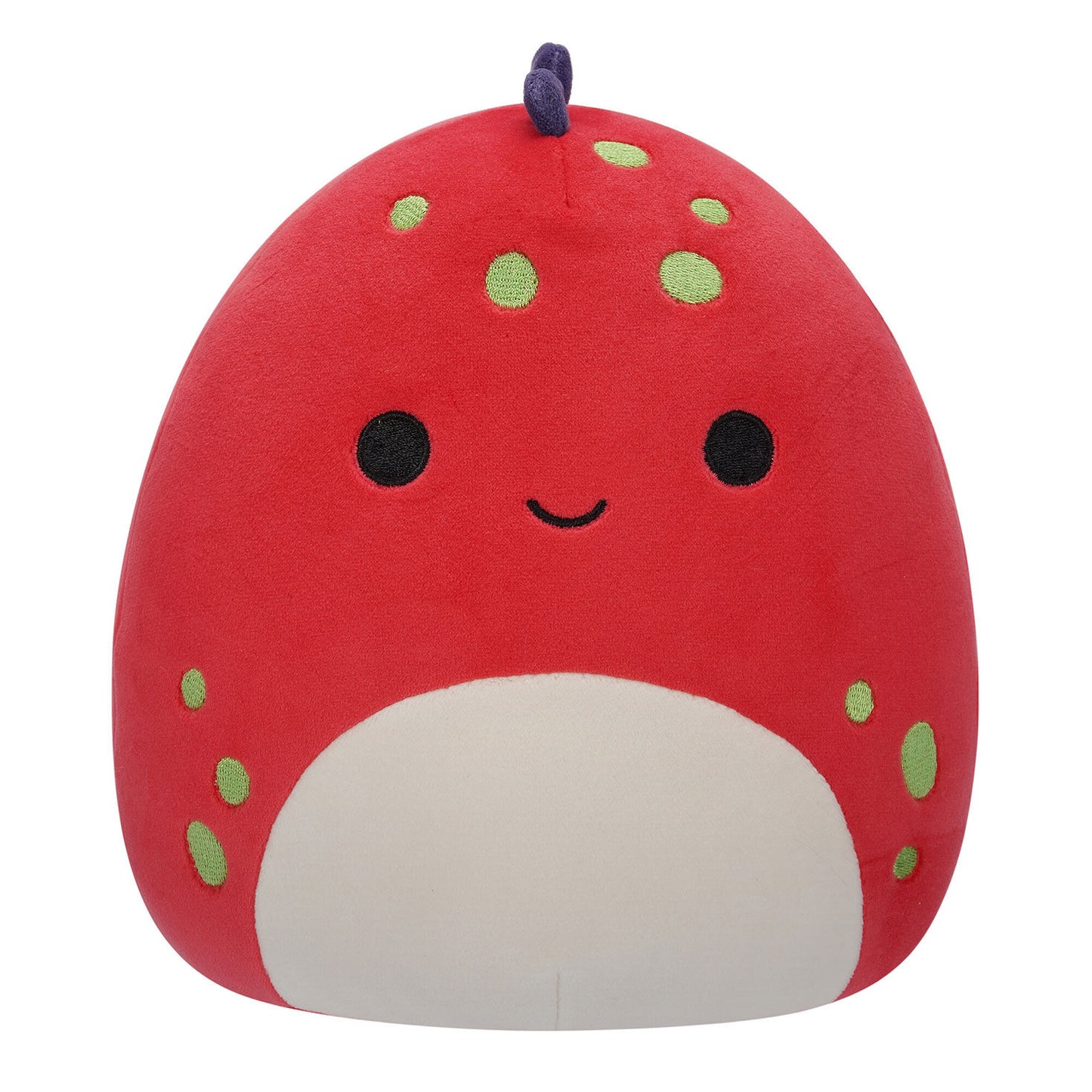 Red dinosaur plush with green spots and a soft cream belly
