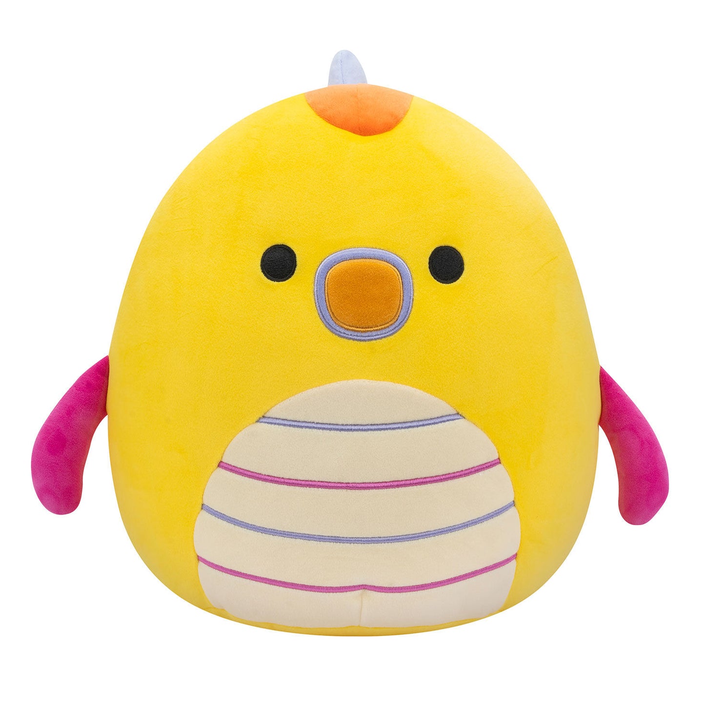 Yellow Squishmallows plush shaped like a seadragon with pink flippers and a striped belly