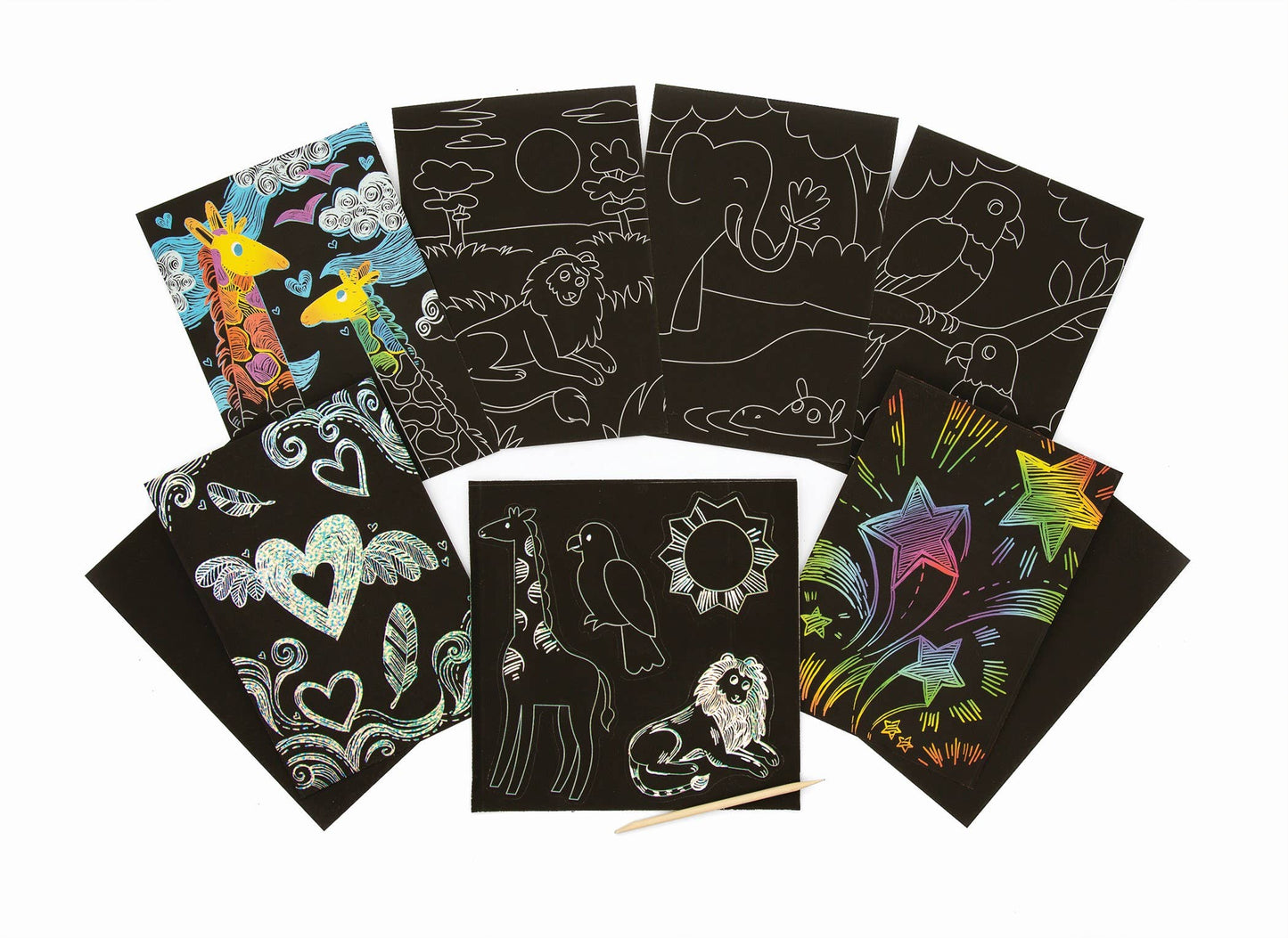 Scratch Art Kit featuring colorful monster and animal designs on black paper for creative fun.