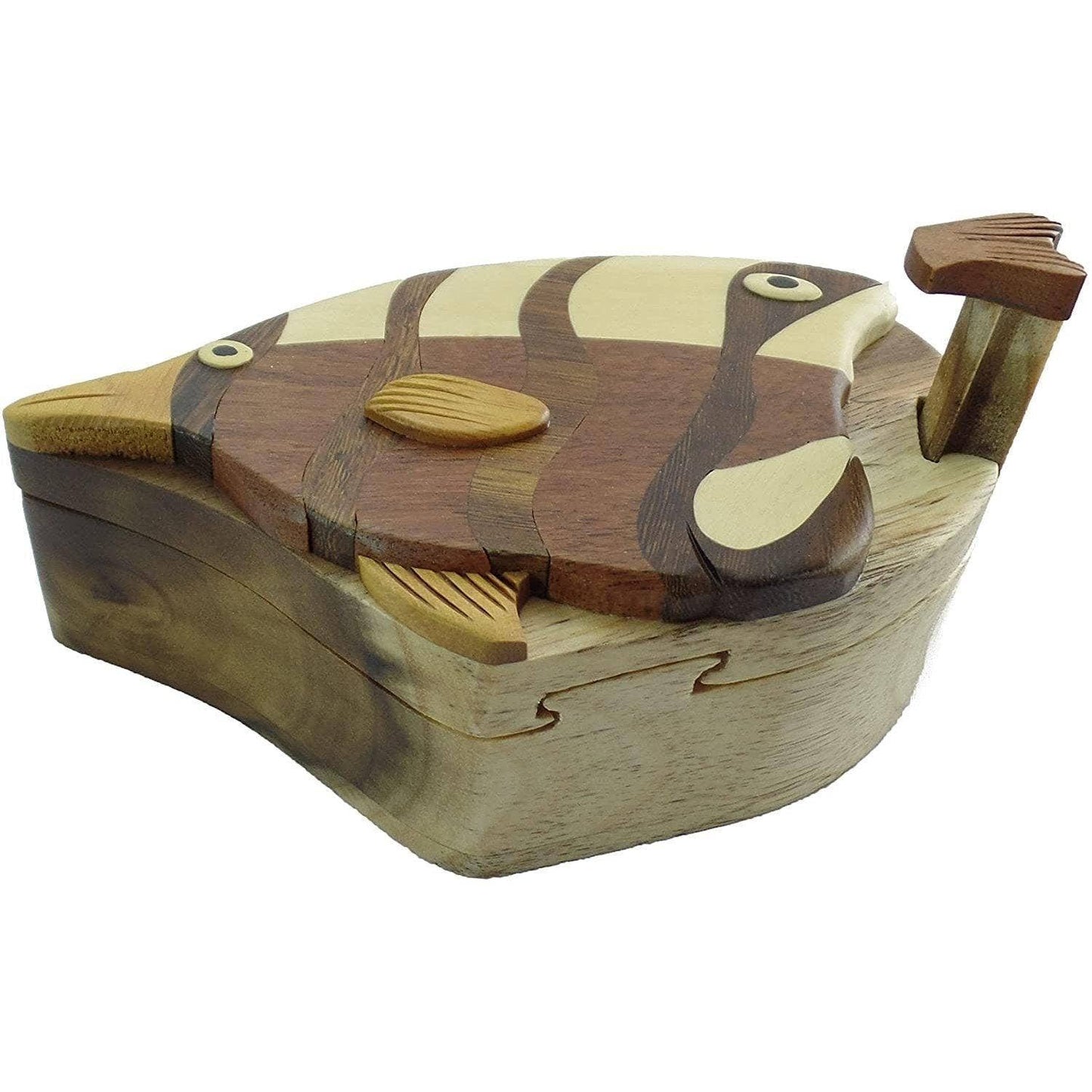 Hand-carved wooden keepsake box shaped like an angel fish with a red interior and intricate wood grain details.