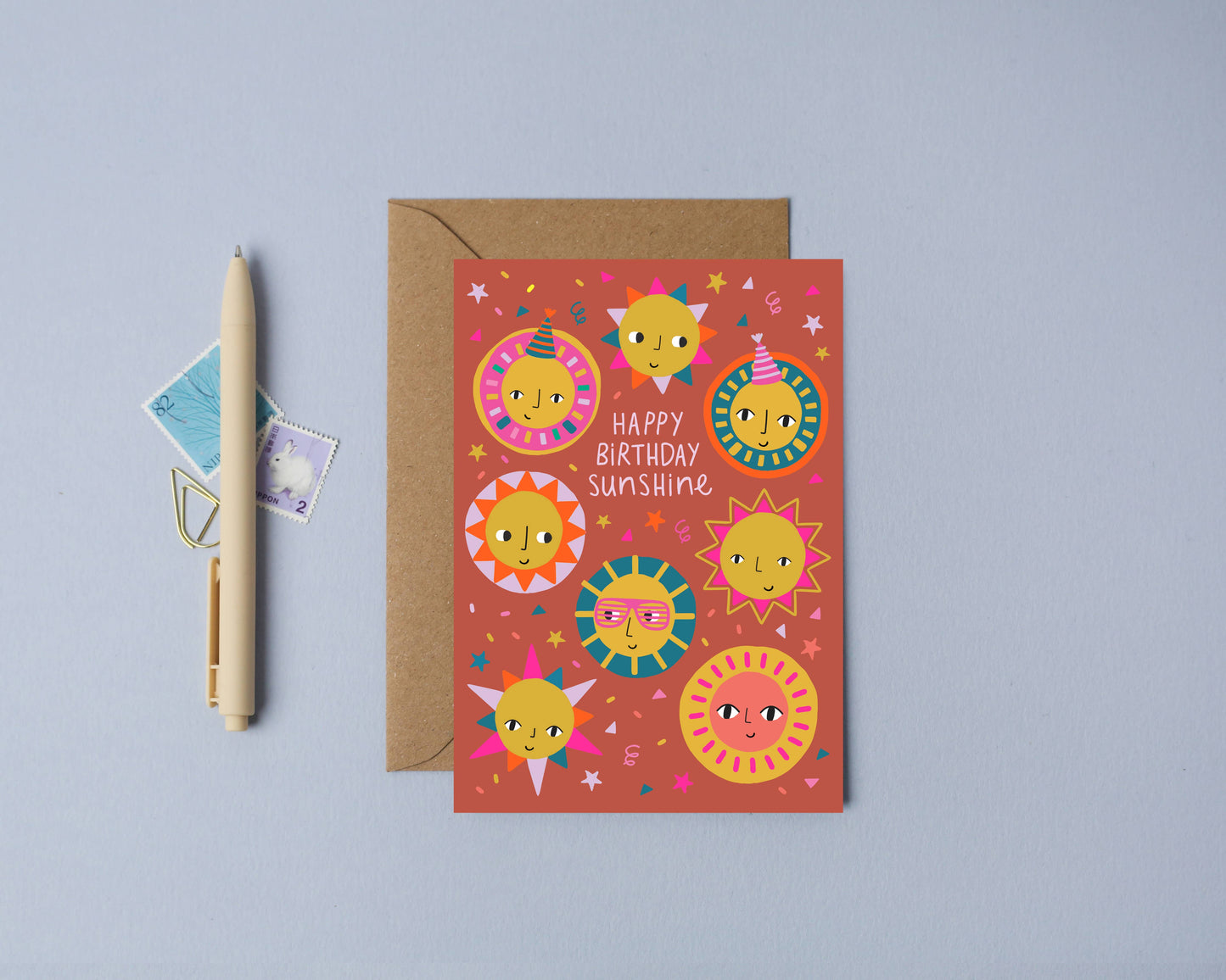 Colorful kids birthday card with quirky sun characters and party details