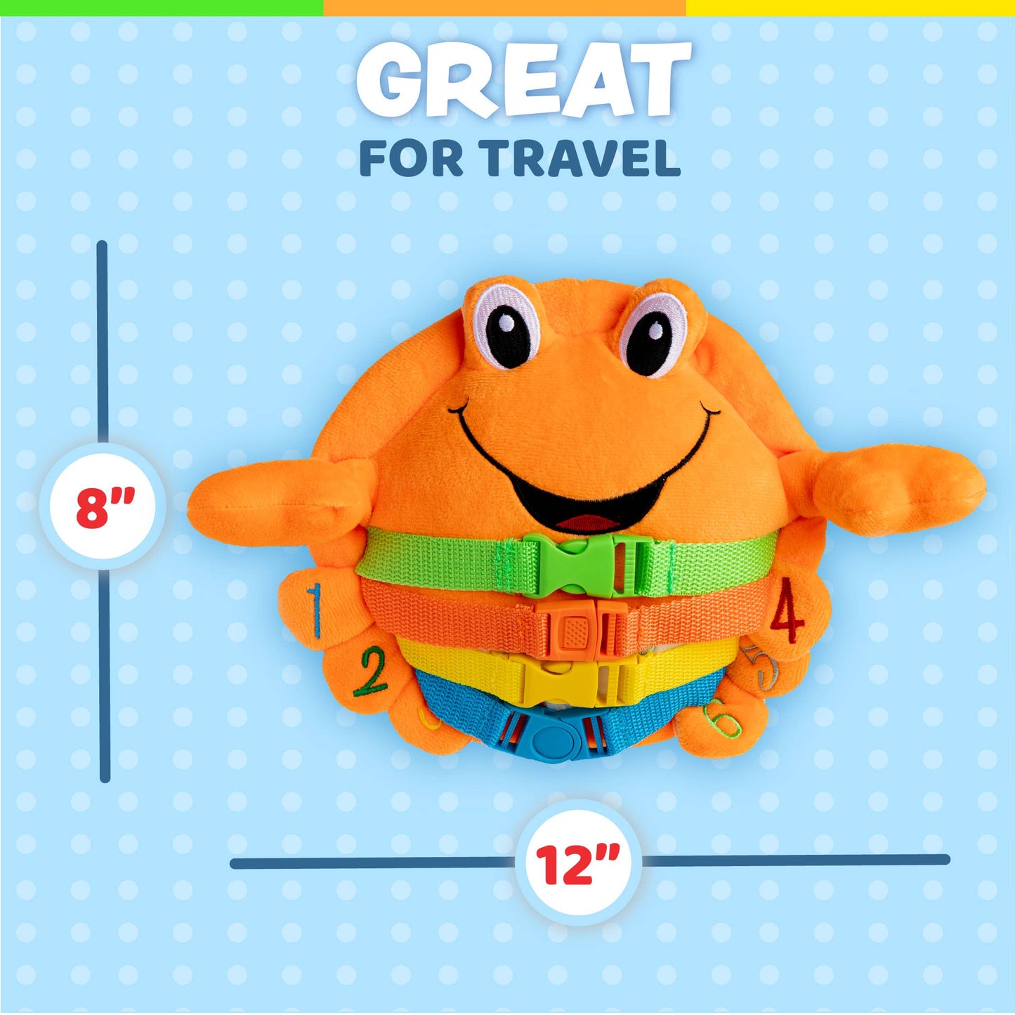 Bright orange plush crab toy with colorful buckles and a cheerful smile, perfect for sensory play.