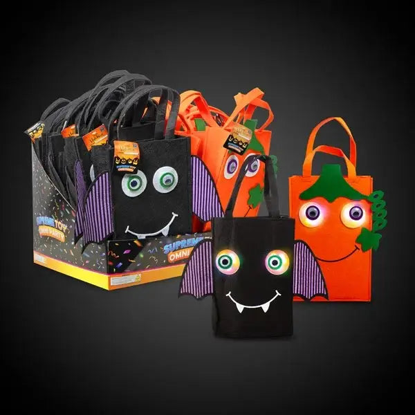 LED Halloween trick-or-treat bags shaped like pumpkins and bats with light-up eyes