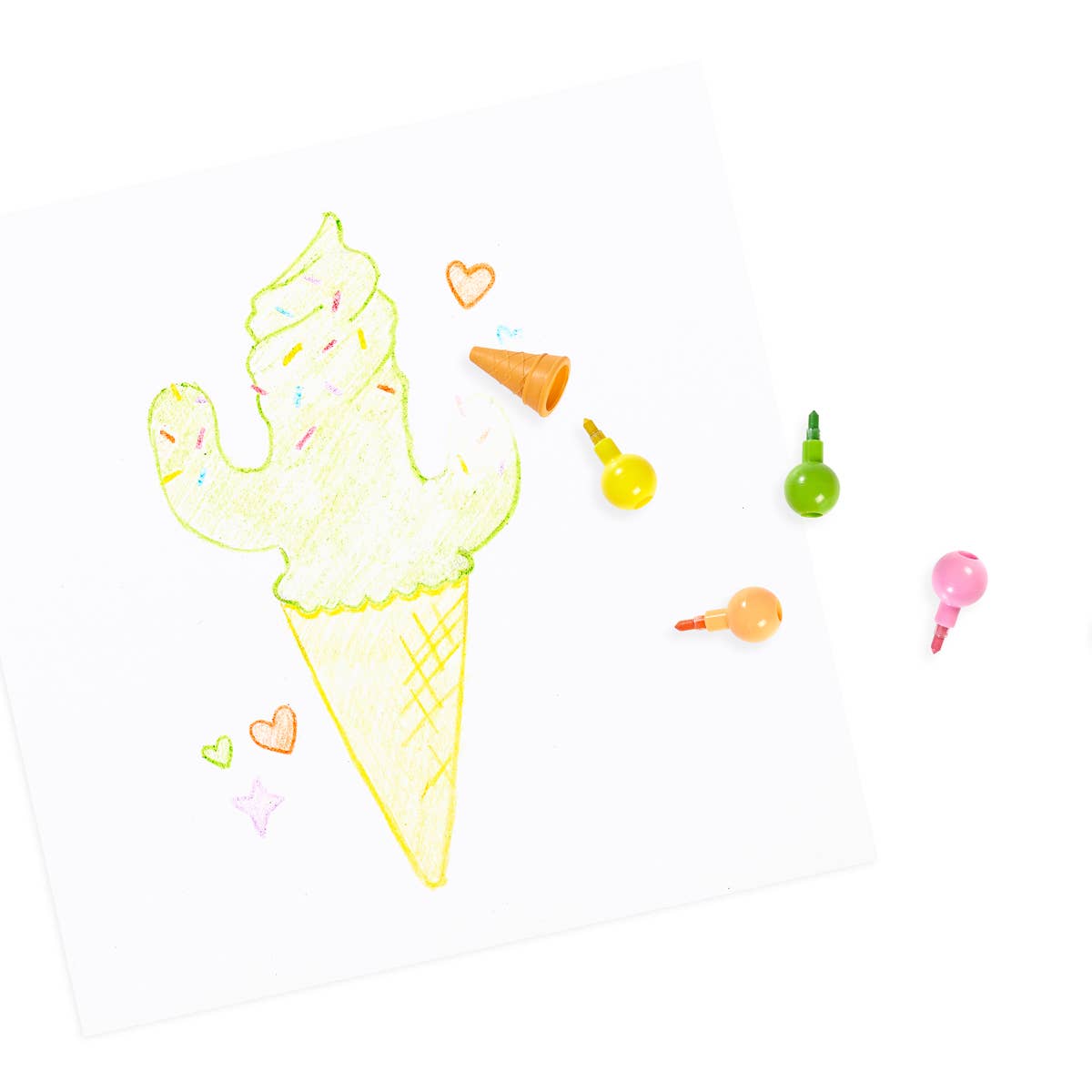 Stackable vanilla-scented crayons in rainbow colors, shaped like ice cream scoops for fun and creative drawing.