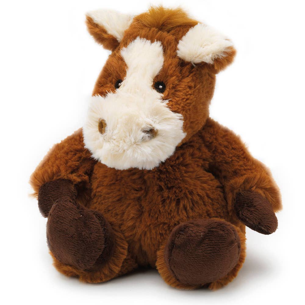 Brown plush horse with cream accents, soft and cuddly, sitting upright