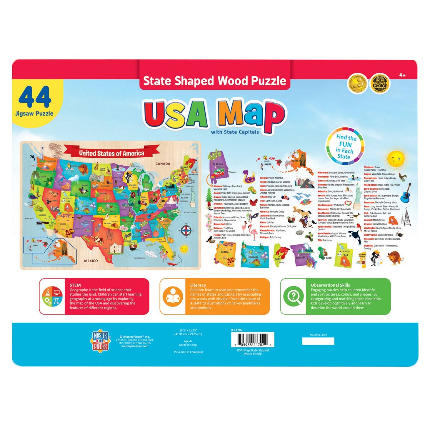 Colorful 44-piece wooden USA map puzzle with state-shaped pieces and capitals, perfect for educational fun.