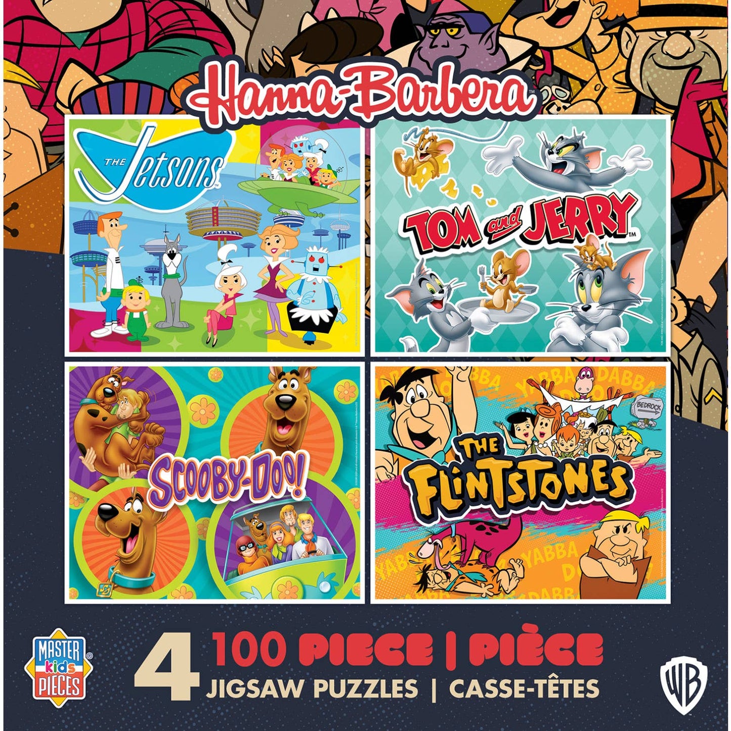 4-pack of 100-piece jigsaw puzzles featuring colorful Hanna-Barbera characters like Tom & Jerry and Scooby-Doo.