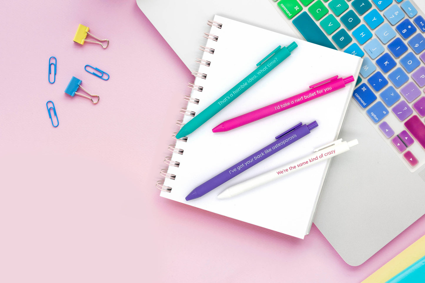 Colorful gel pens with quirky quotes, perfect for sharing fun messages with friends.