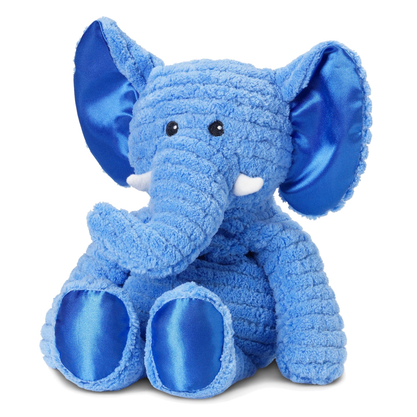Blue plush elephant with textured fabric and satin ear and foot accents
