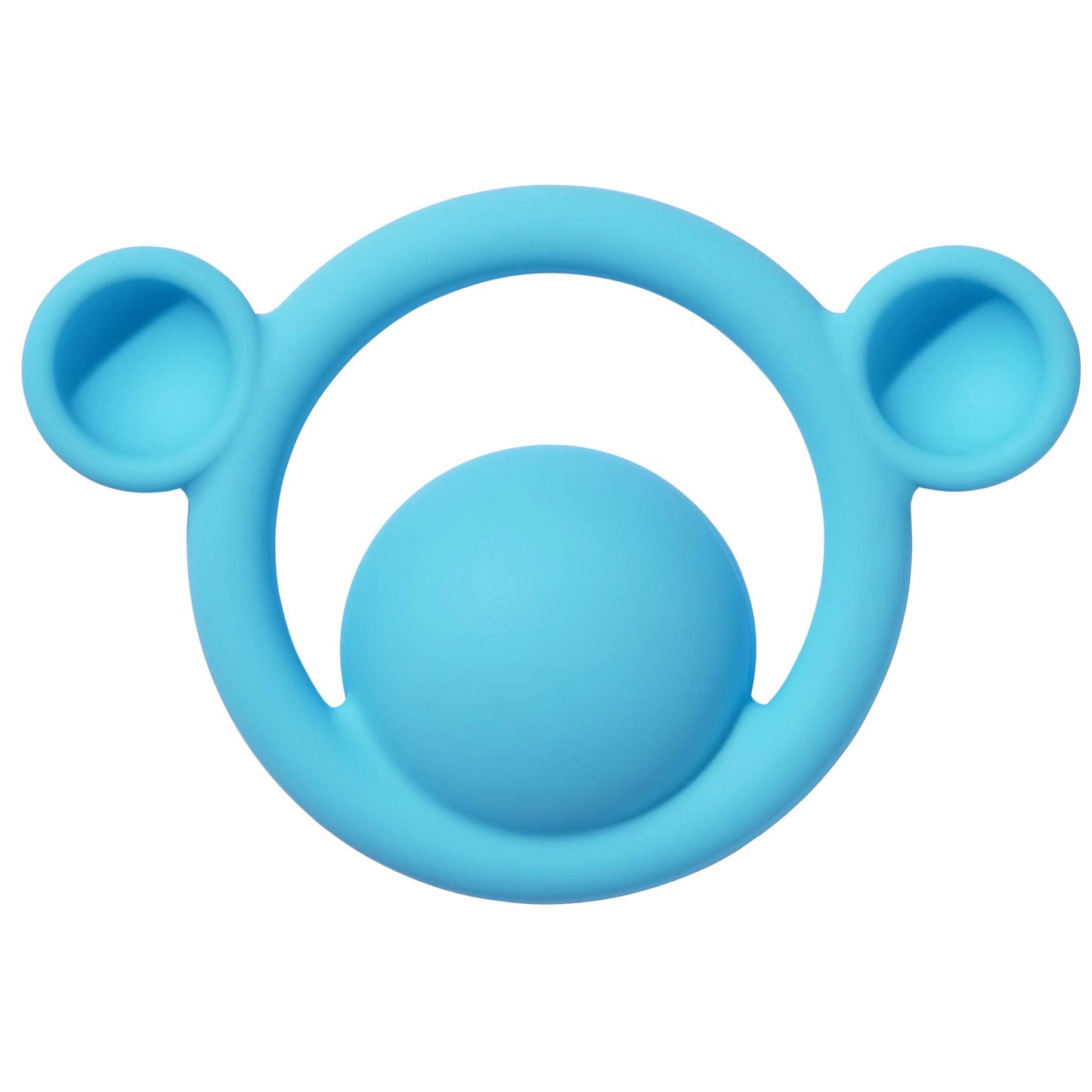 Bright blue silicone teething ring with a circular shape and two side loops for easy gripping.