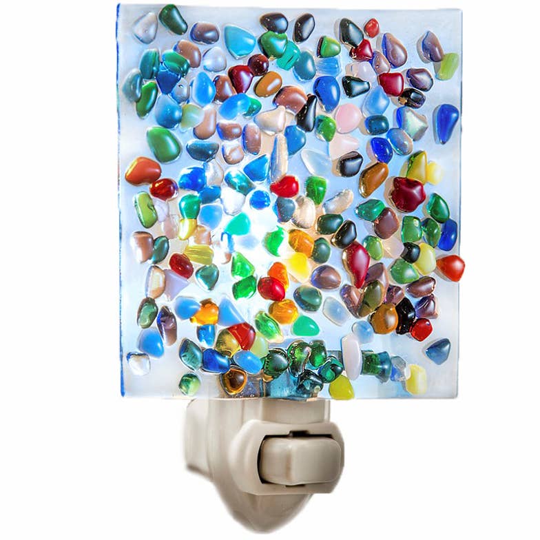Fused Glass Night Light with Colorful Pebbles – Blue Base | Unique Gifts, Home Decor