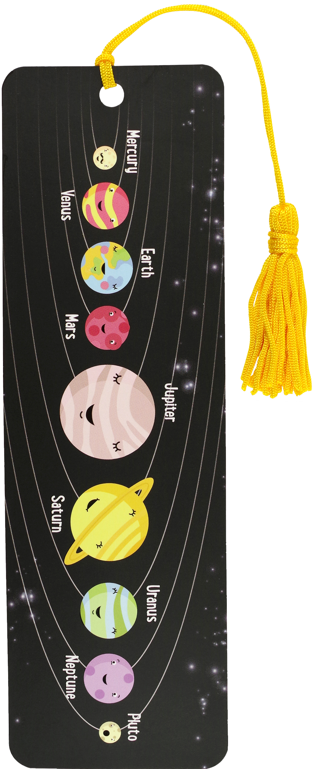 Glossy black bookmark featuring colorful planets with names and orbits, plus a yellow tassel.