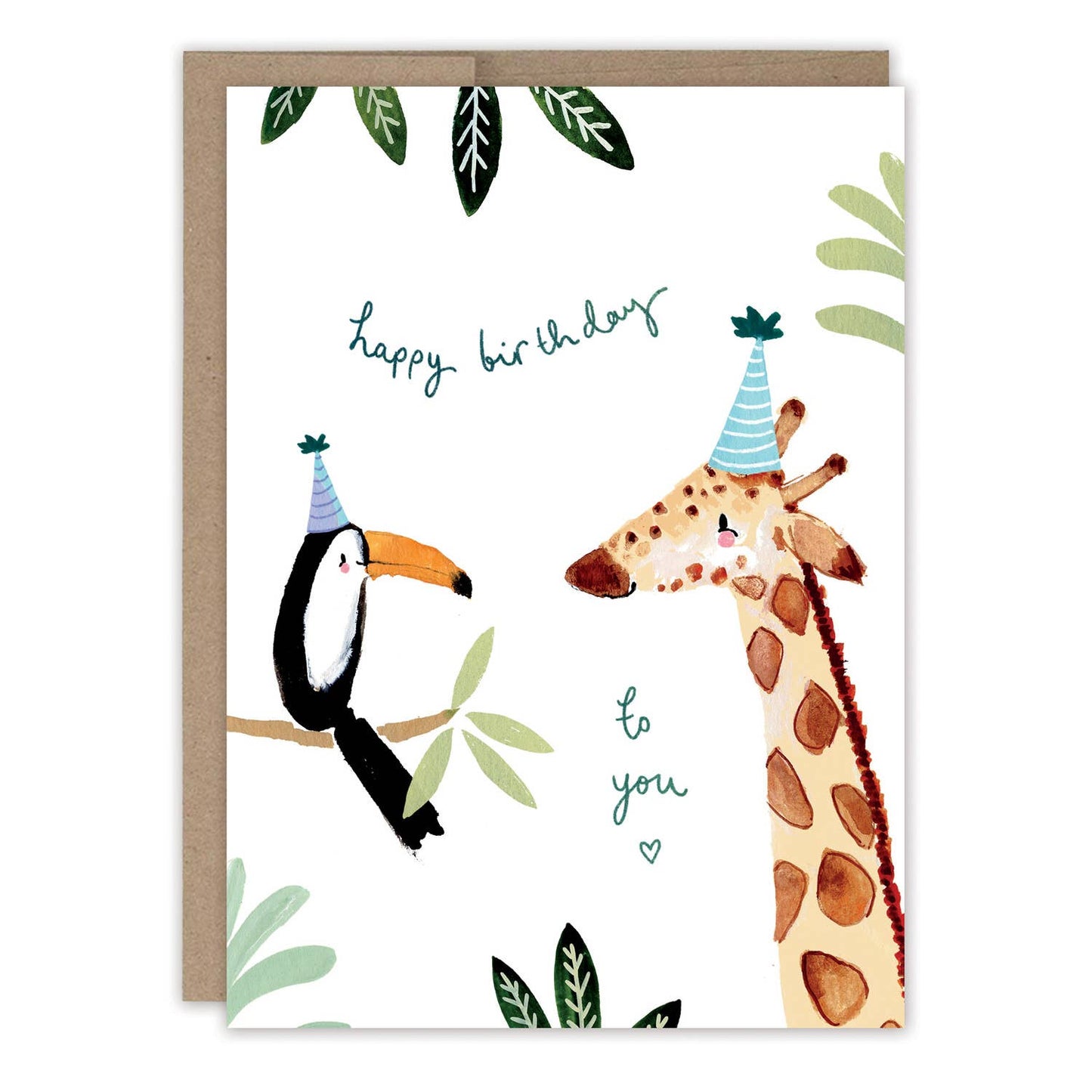 Whimsical toucan and giraffe in party hats on cheerful birthday card