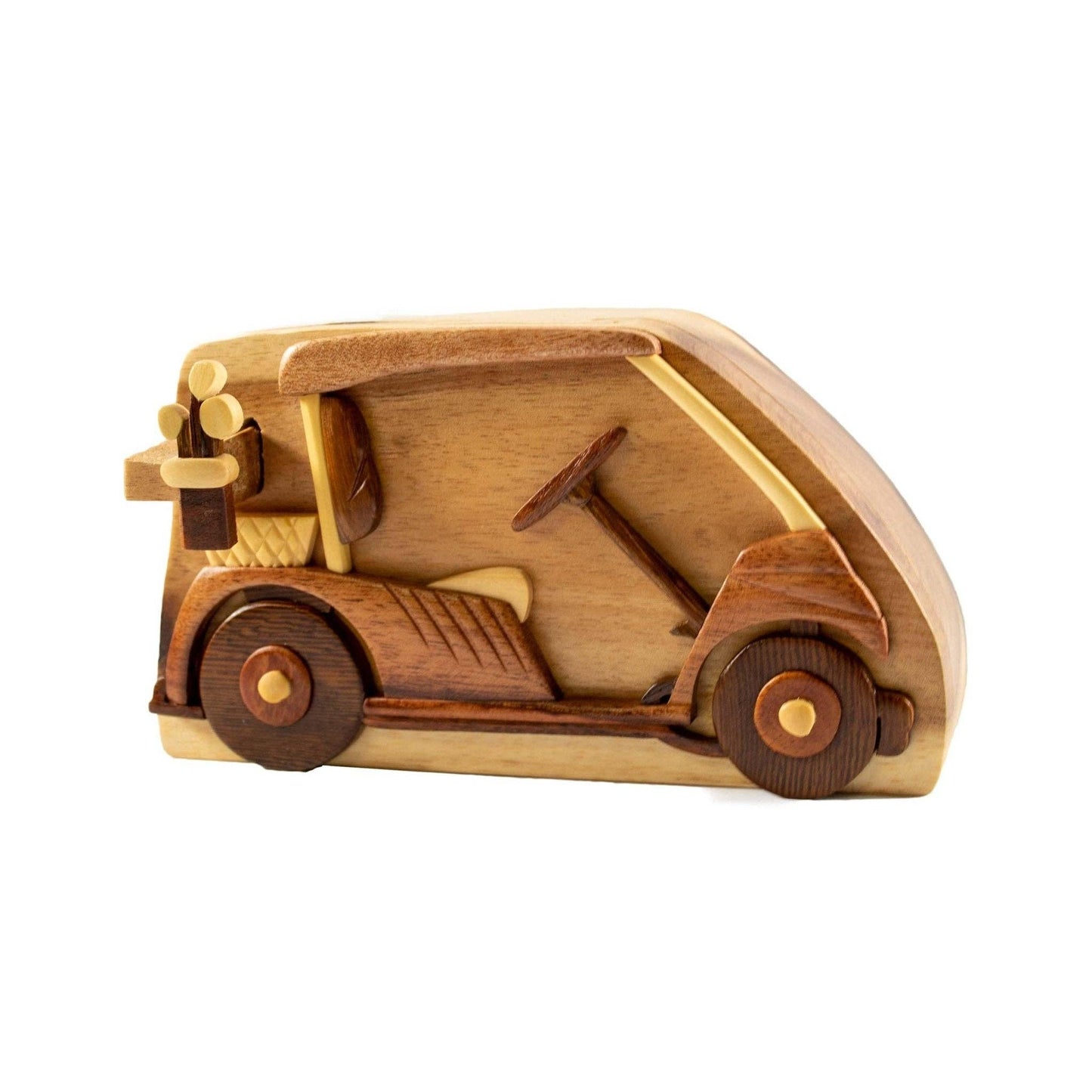 Hand-carved wooden gift box shaped like a golf cart