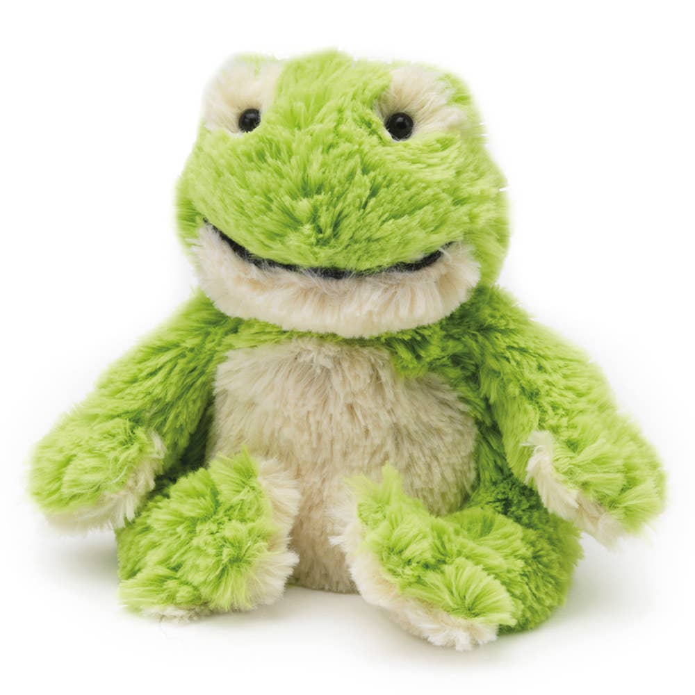 Soft green frog plush with cream belly and smiling face