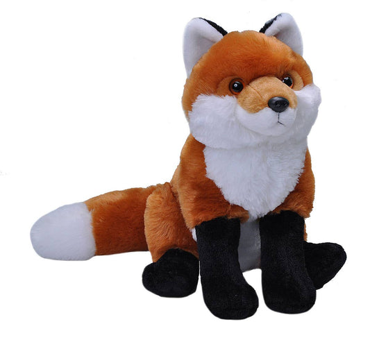 Plush red fox stuffed animal with soft fur and black legs sitting upright