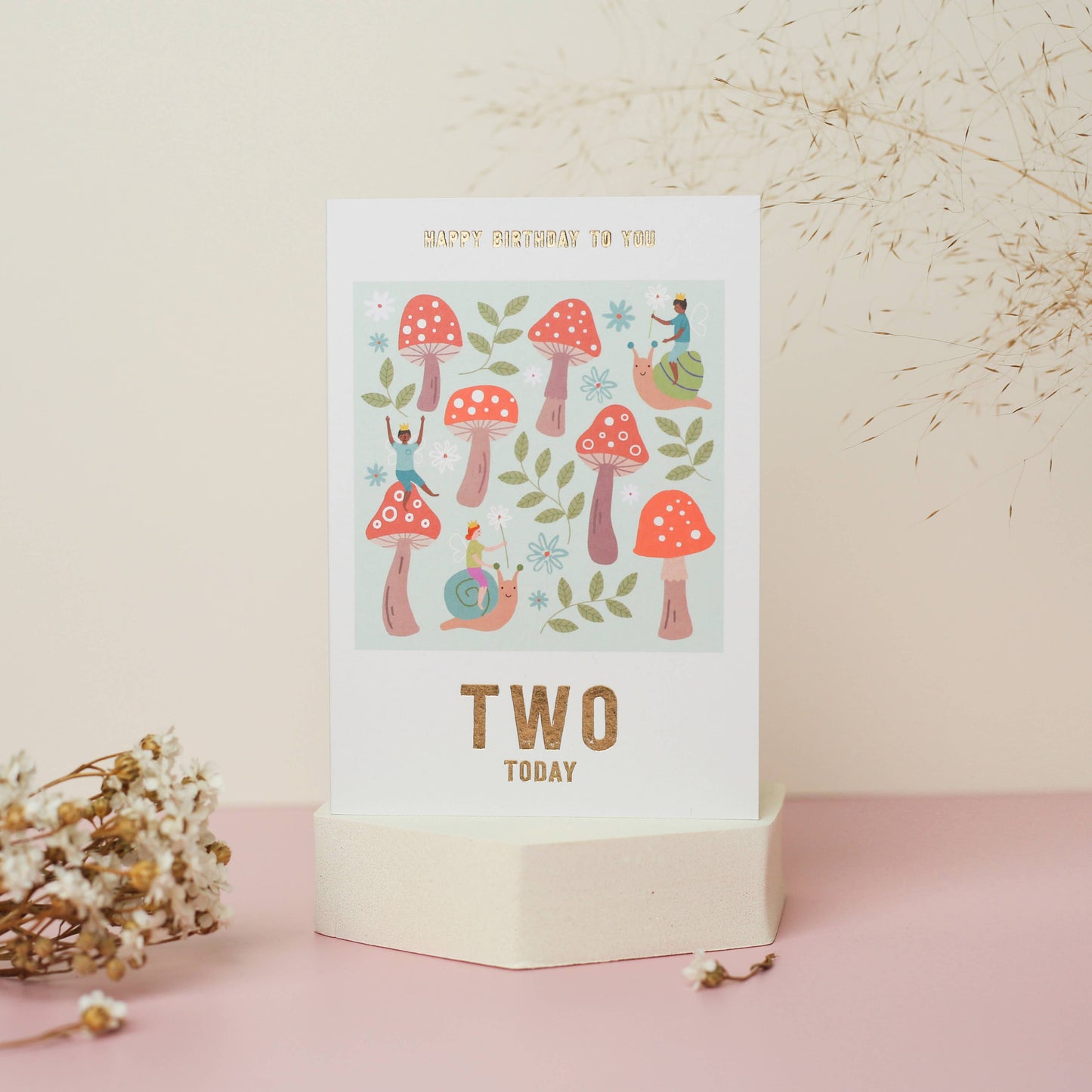 Illustrated birthday card with red toadstools, tiny fairies riding snails, and the gold-foiled caption "Two Today".