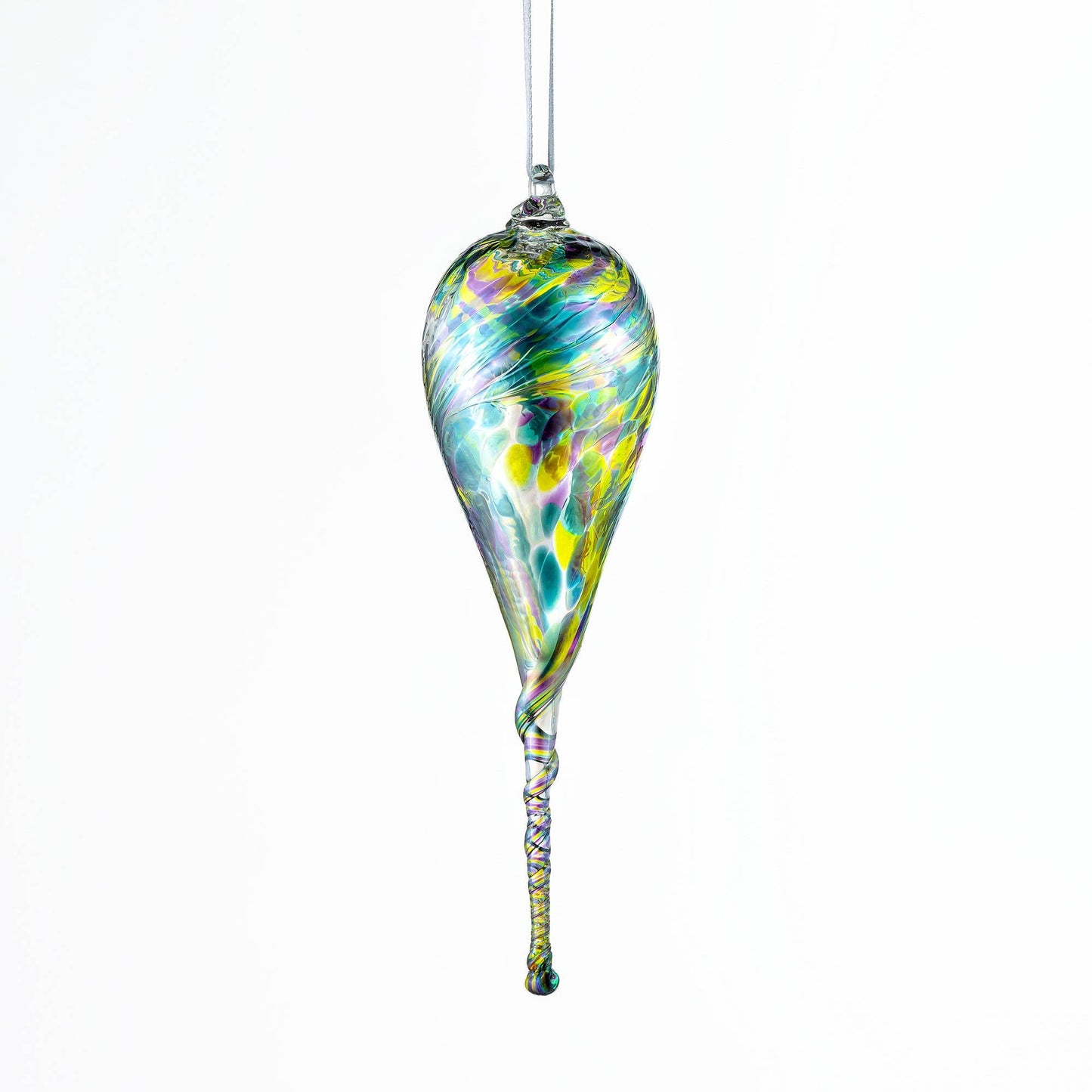 Colorful glass droplet ornament with swirling mermaid tones