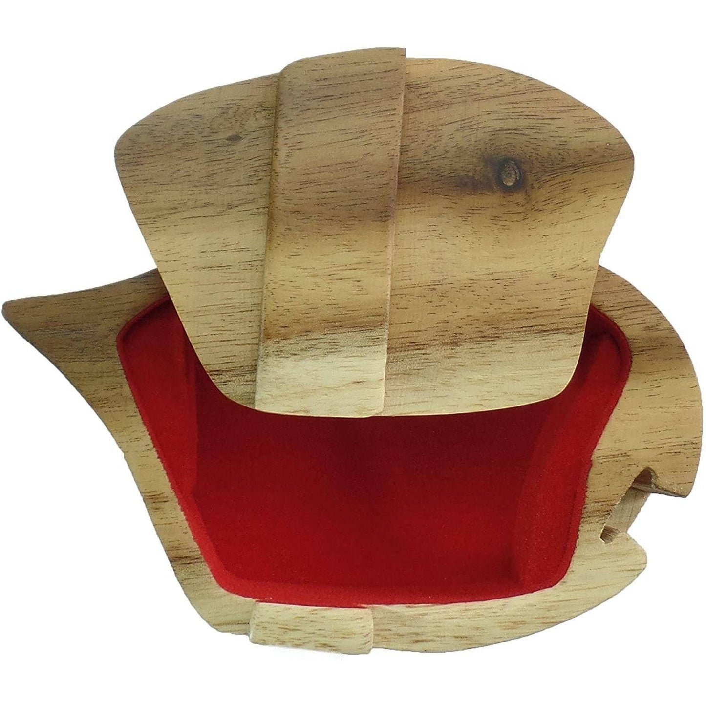 Hand-carved wooden keepsake box shaped like an angel fish with a red interior.