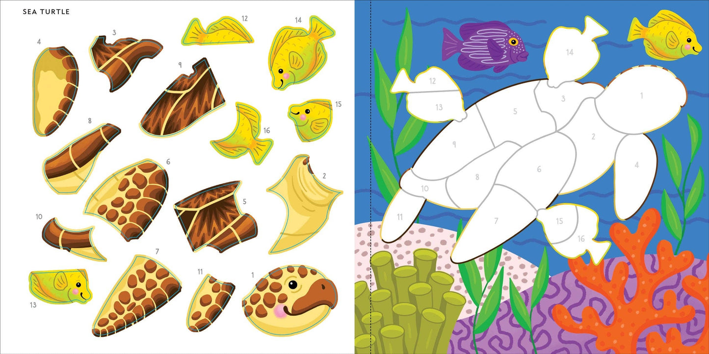 A colorful sea turtle-themed color-by-sticker book with numbered pieces for assembly.