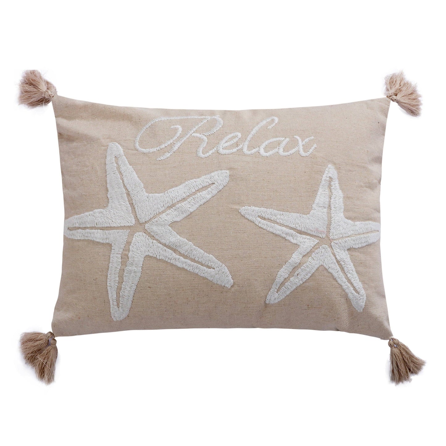 Beige pillow with white embroidered starfish and tassels