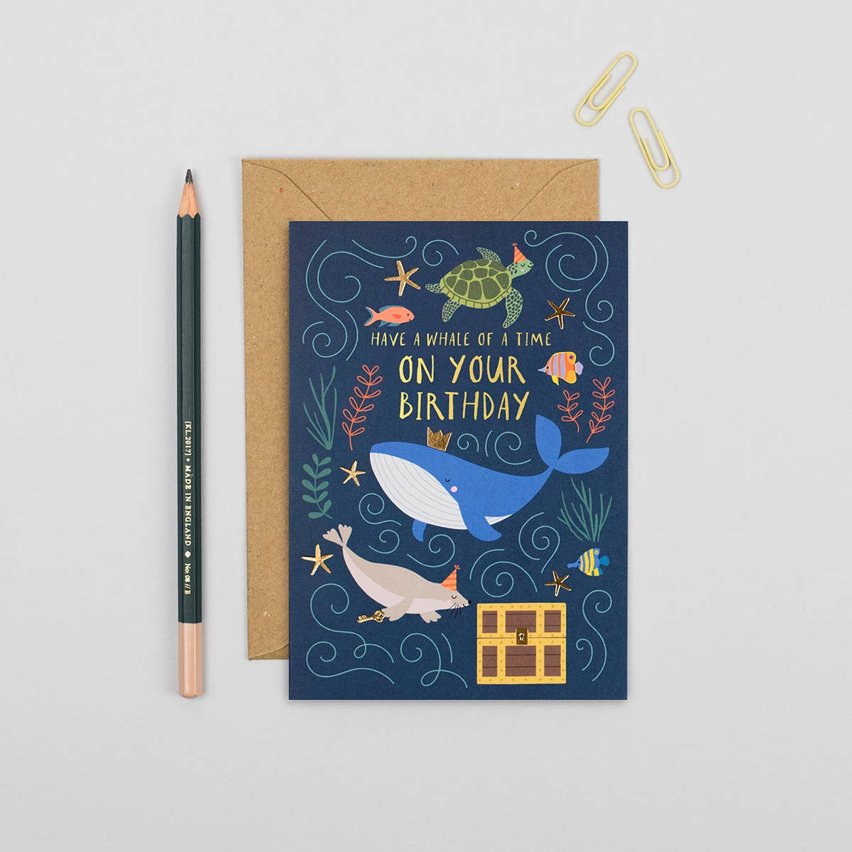 Underwater-themed kids birthday card with whale and sea animals