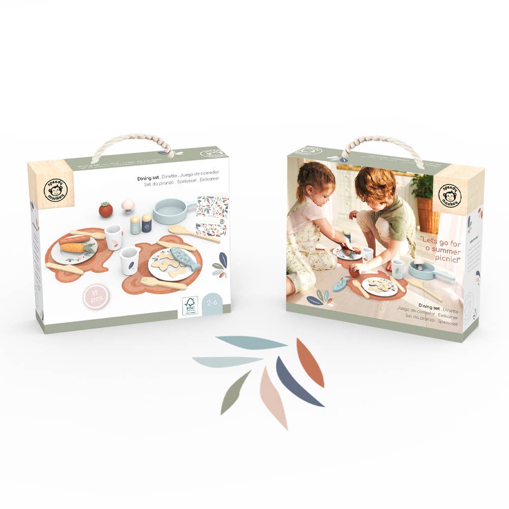 A wooden dining playset with 19 pieces, perfect for role play, featuring plates, cups, and utensils in natural tones.