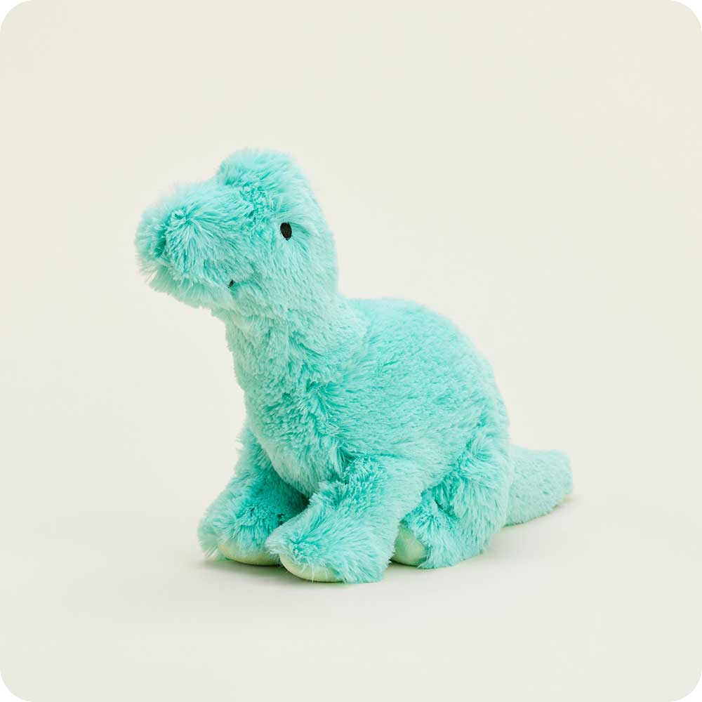 Teal plush dinosaur with a long neck, perfect for microwaving and scenting.