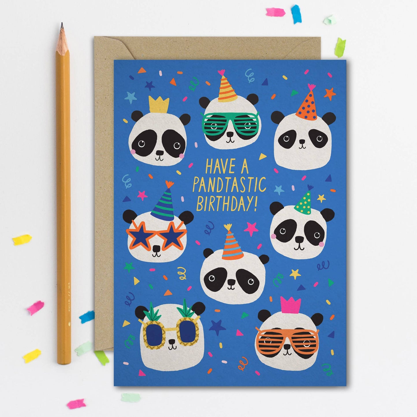 Blue children's birthday card with illustrated panda faces wearing party hats and sunglasses