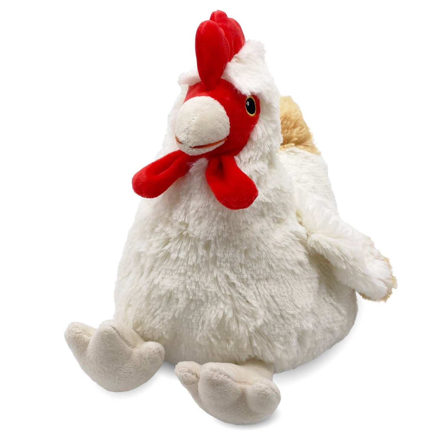 Plush white chicken with red comb and soft texture