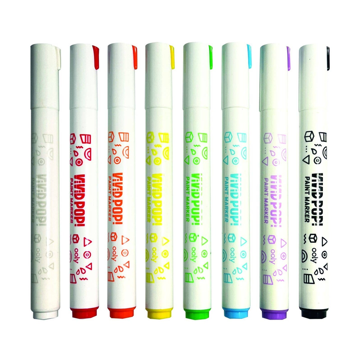 Set of 8 classic color water-based paint markers with vibrant caps and white barrels for creative projects.
