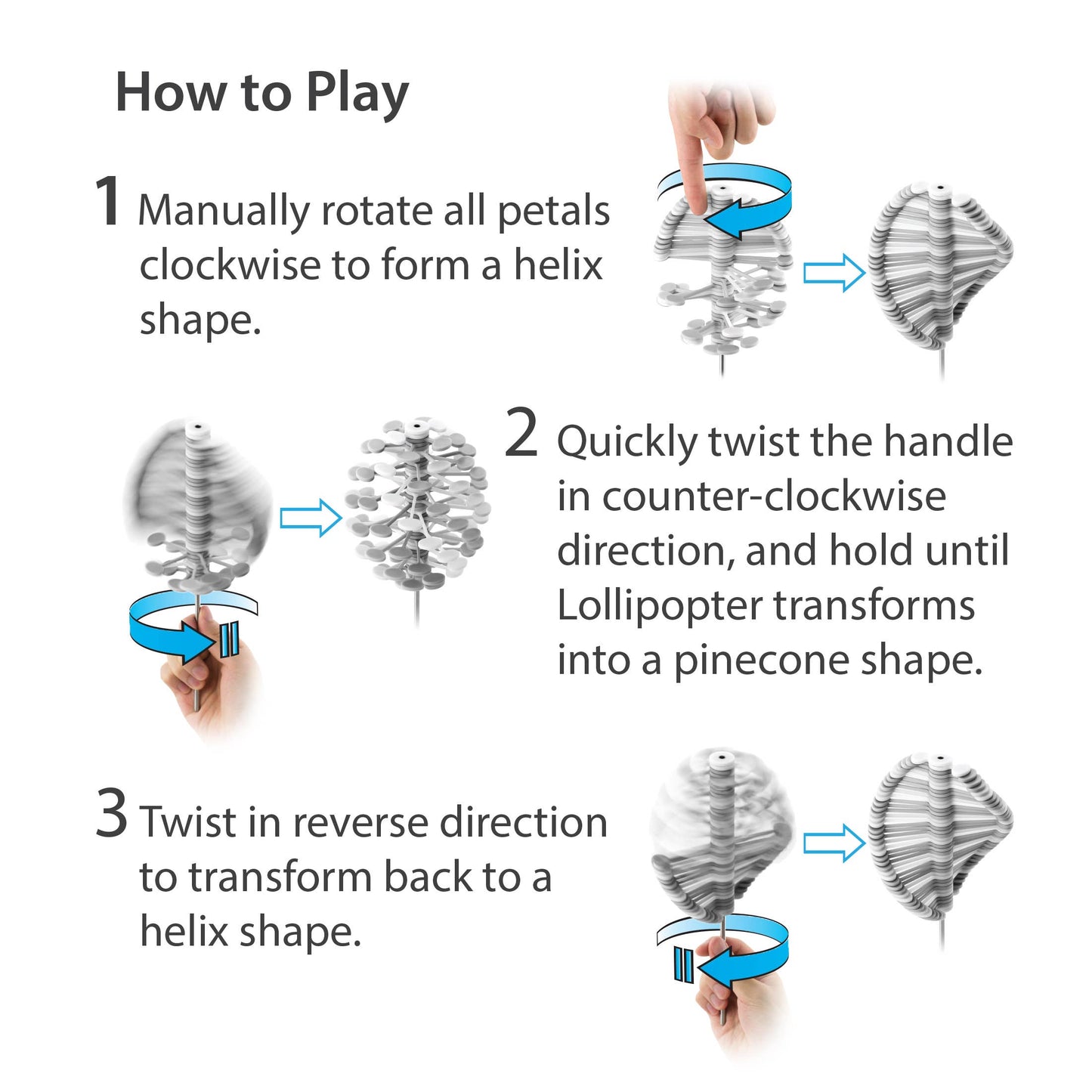 Kinetic desk toy with rotating petals that transform between helix and pinecone shapes for stress relief.