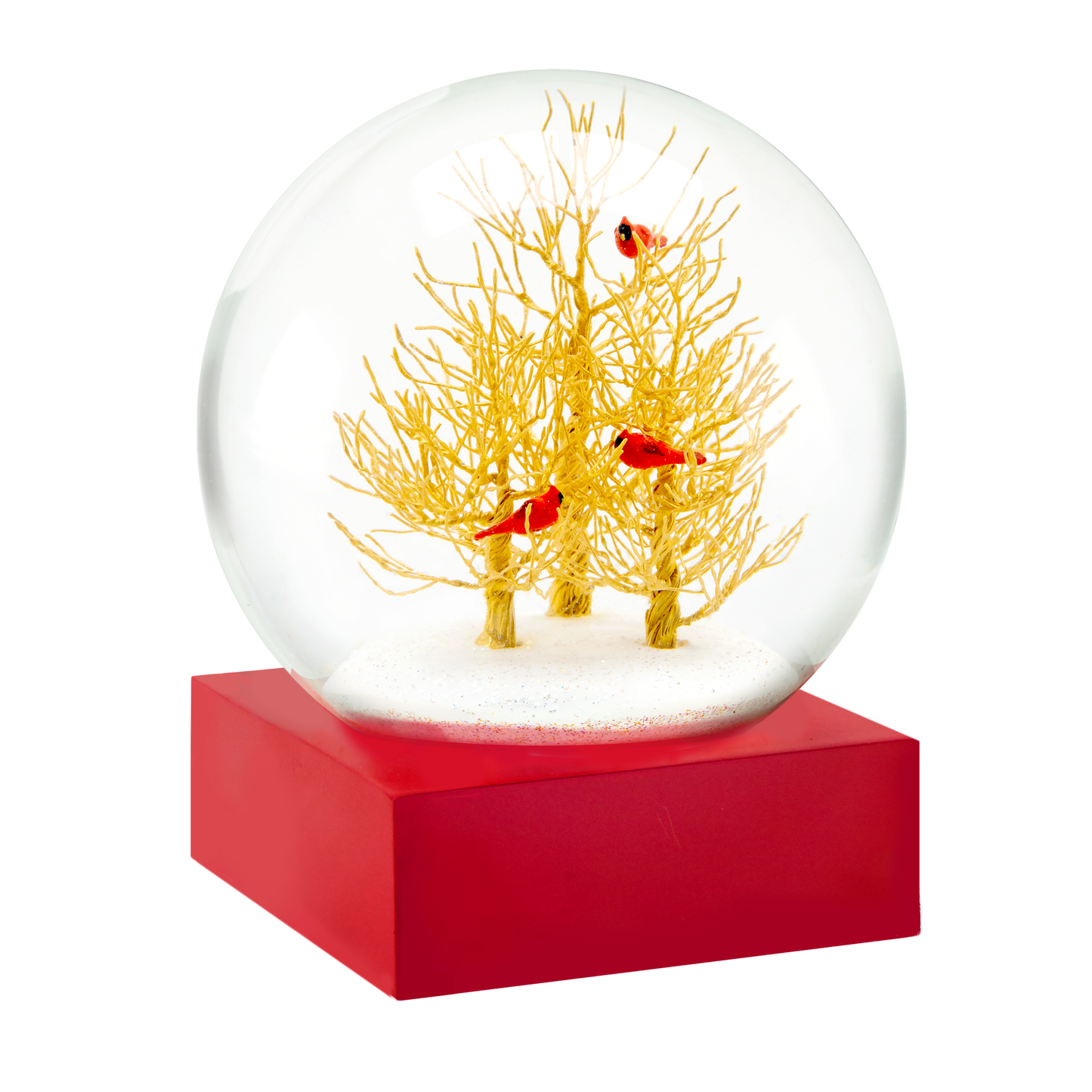 Glass snow globe featuring three golden trees with vibrant red cardinals perched on branches, set on a red square base.