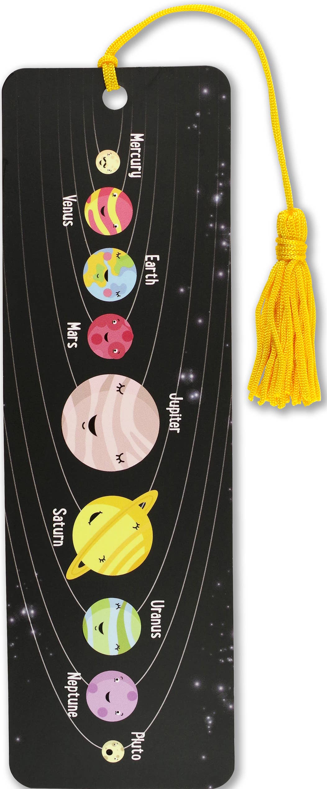 Glossy black bookmark featuring colorful planets in the solar system with a yellow tassel.