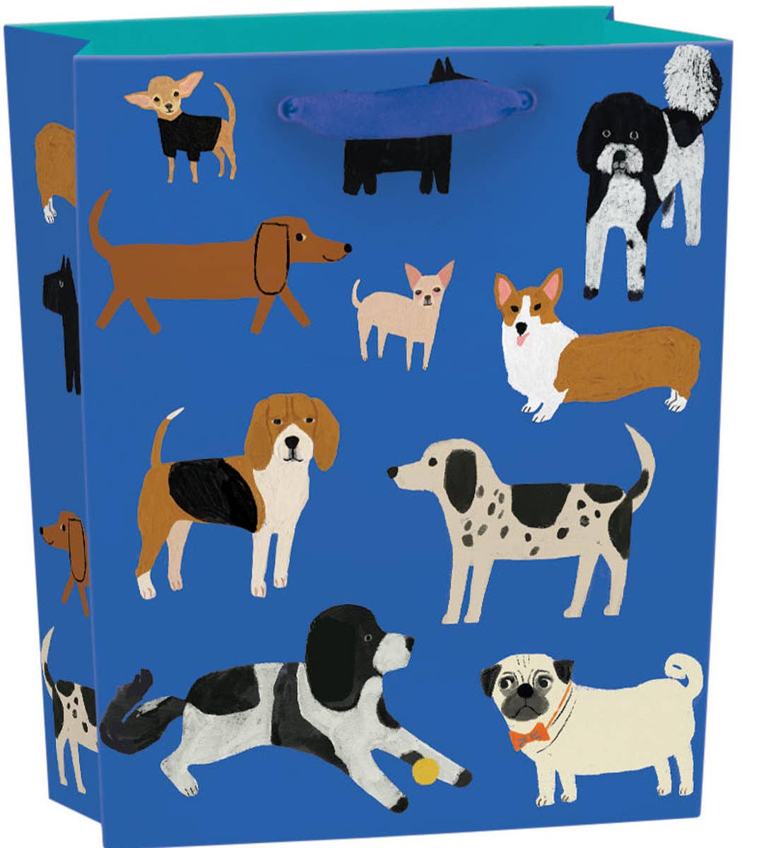 Small blue gift bag with playful dog illustrations and ribbon handle.