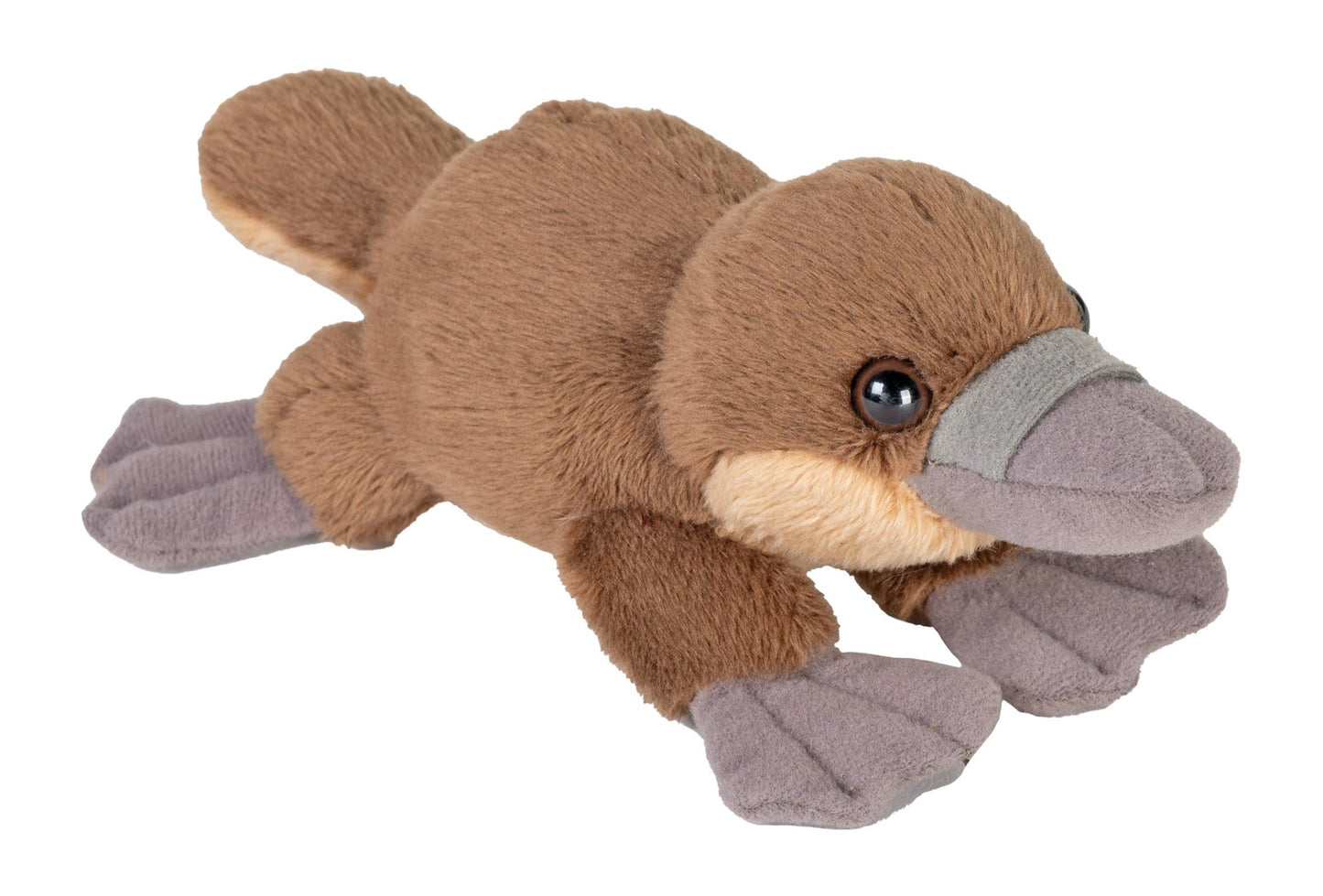 Small brown and gray plush platypus with soft fabric and adorable features