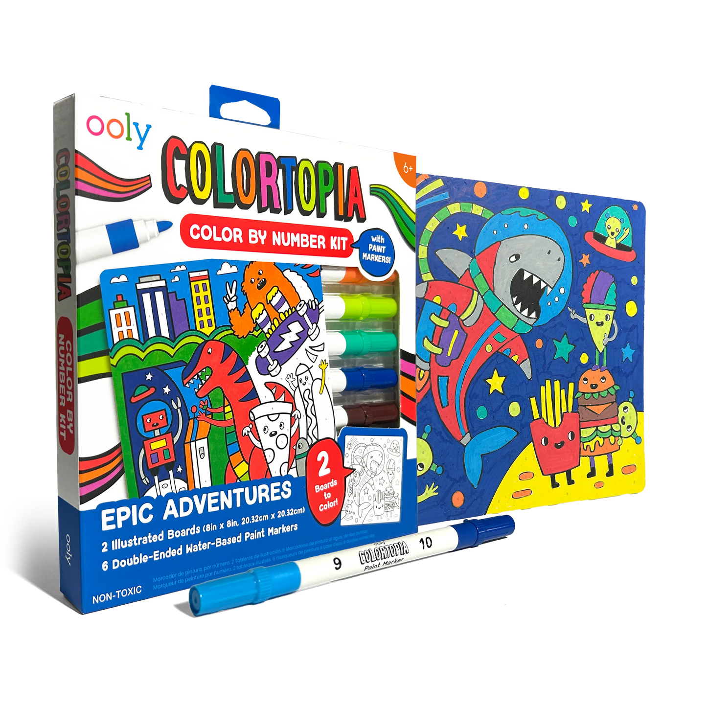Color by number paint marker kit showing colorful astronaut shark and alien French fry characters