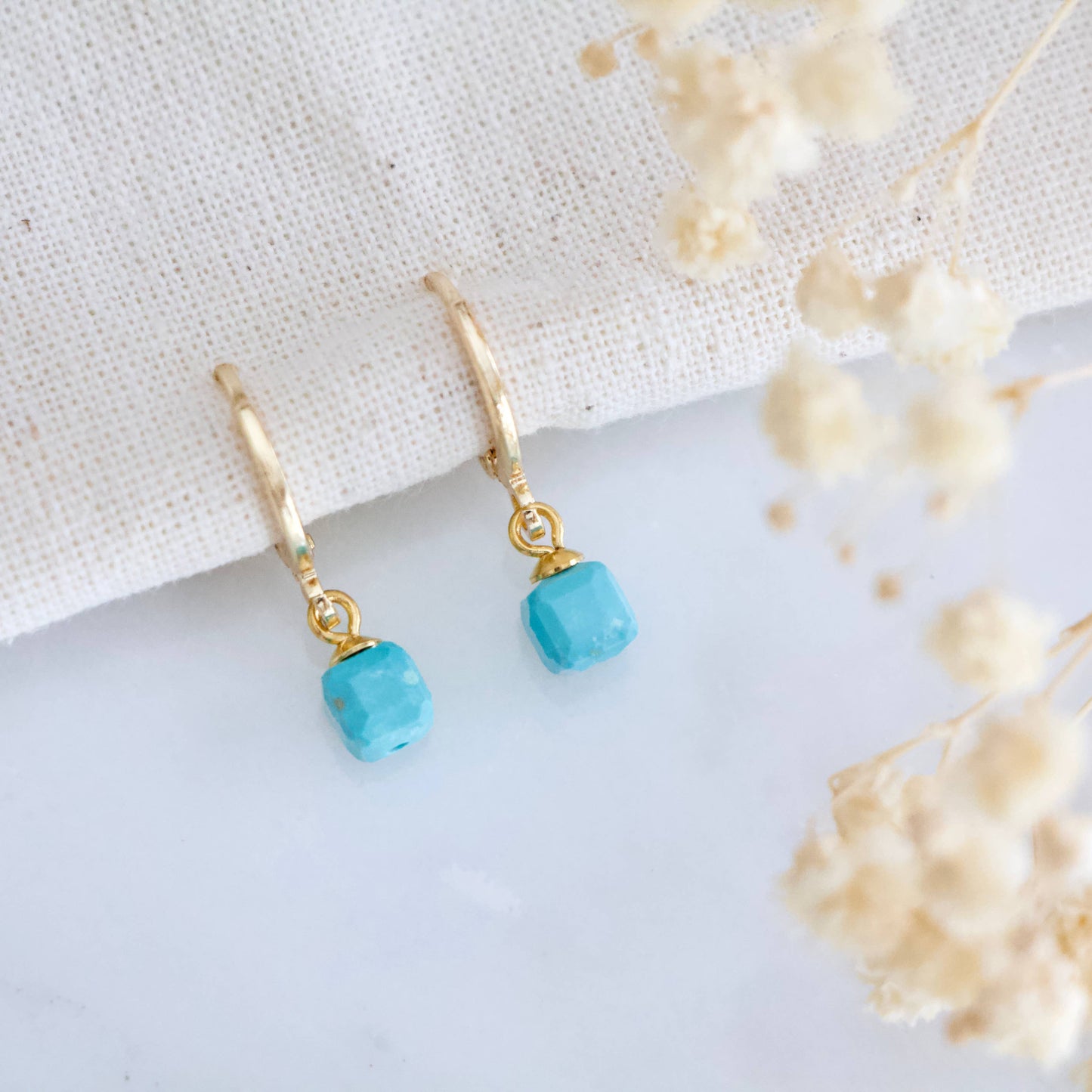 Turquoise Square Drop Huggie Hoop Earrings