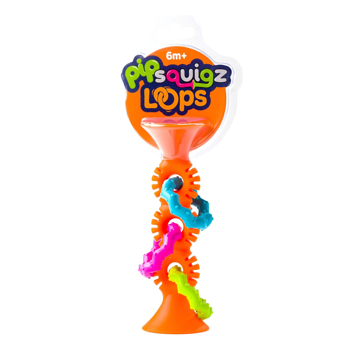 Bright blue and orange PipSquigz Loops toy with colorful suction cups and flexible loops for fun play.