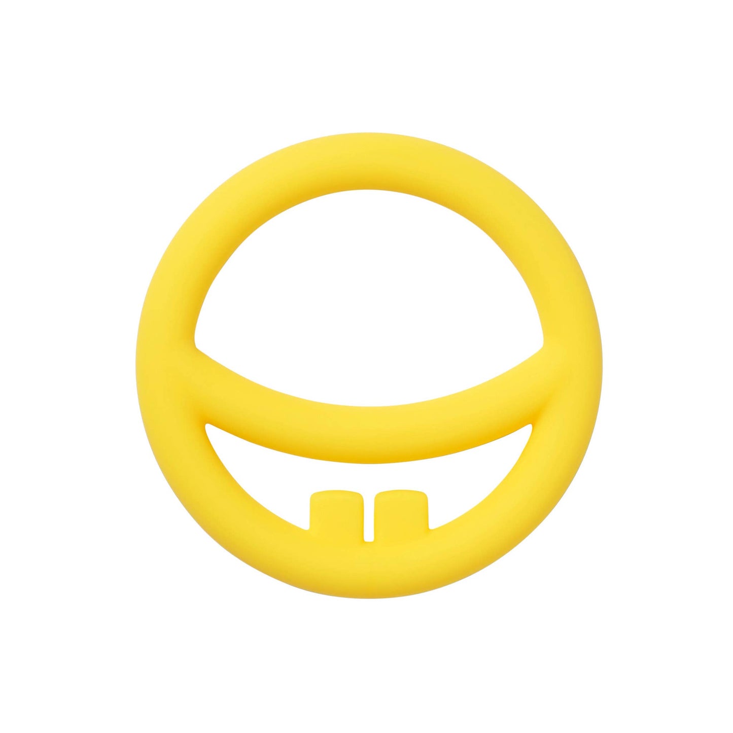 Bright yellow silicone teething ring with a playful smile design, perfect for baby's gums.