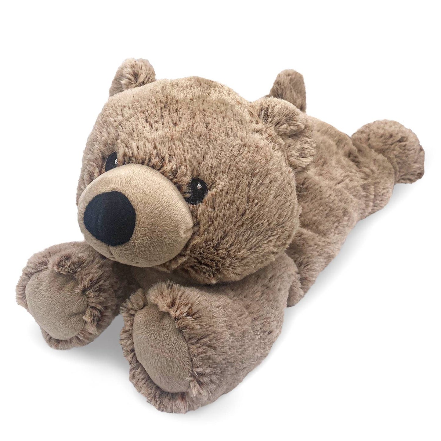 Plush brown bear laying down with soft fur and a friendly face