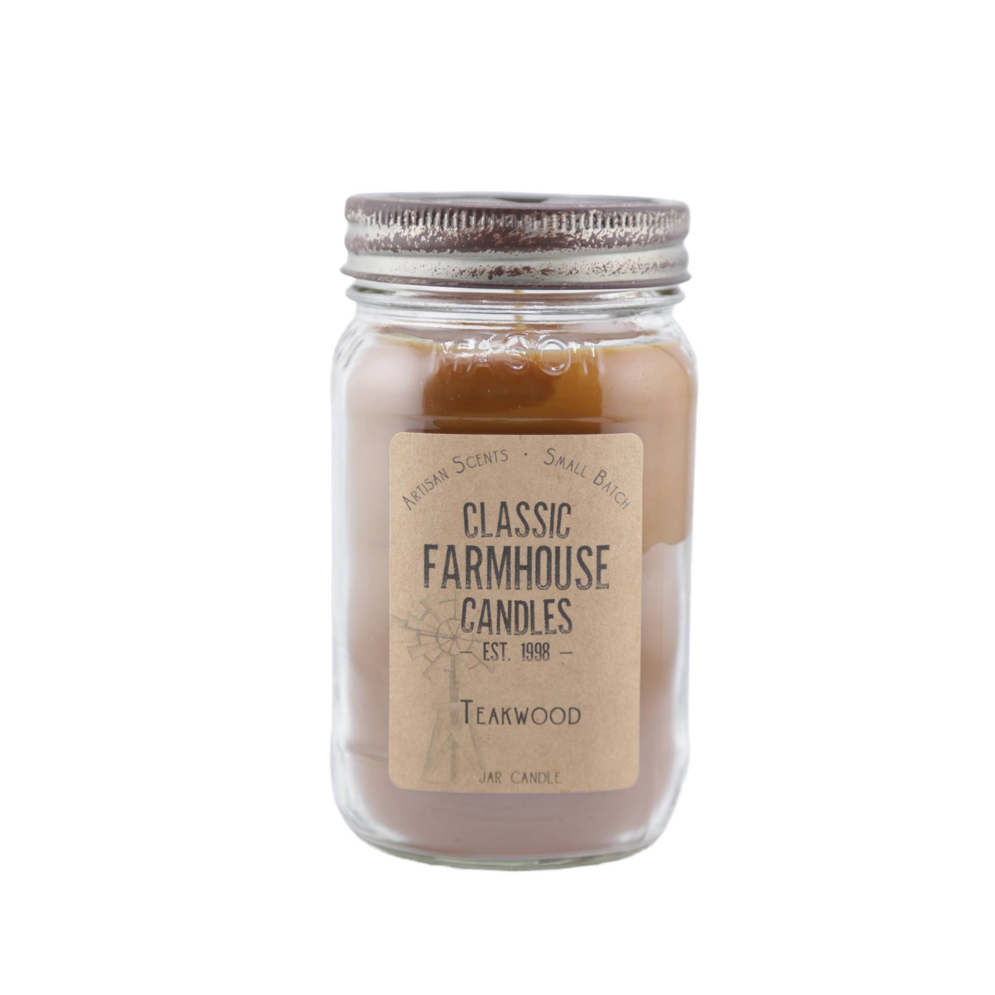 Teakwood scented candle in a vintage farmhouse-style glass jar with metal lid
