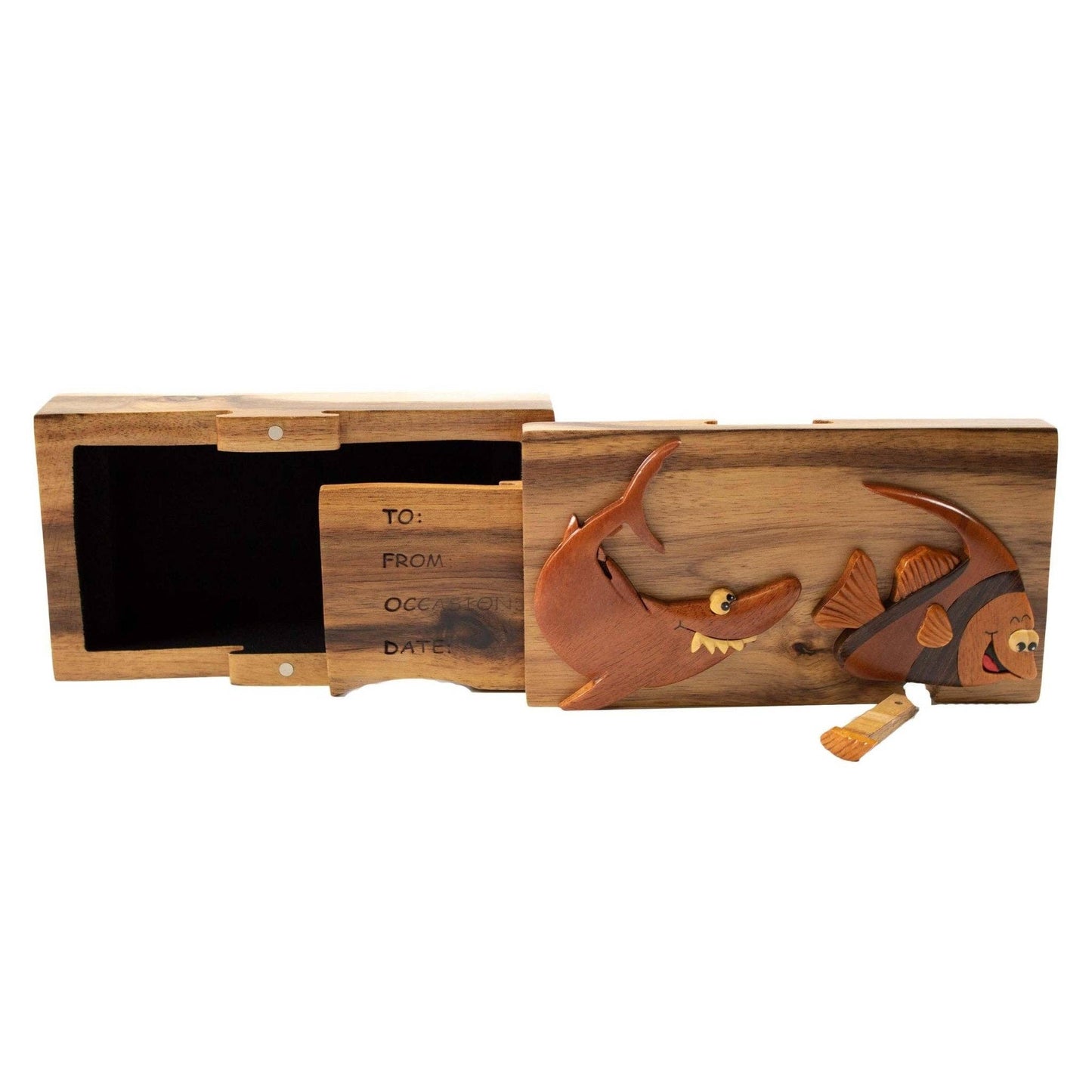 Hand-carved wooden keepsake box with a playful fish design and a gift tag slot on the side.