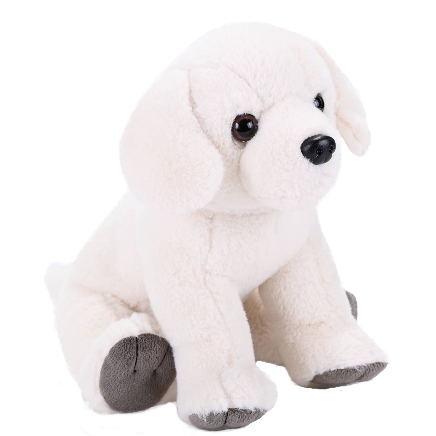 Soft yellow Labrador plush toy with floppy ears and dark eyes