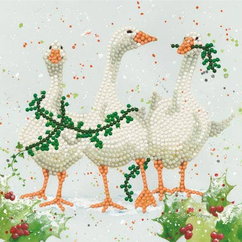Diamond art Christmas card with three geese and holly decorations