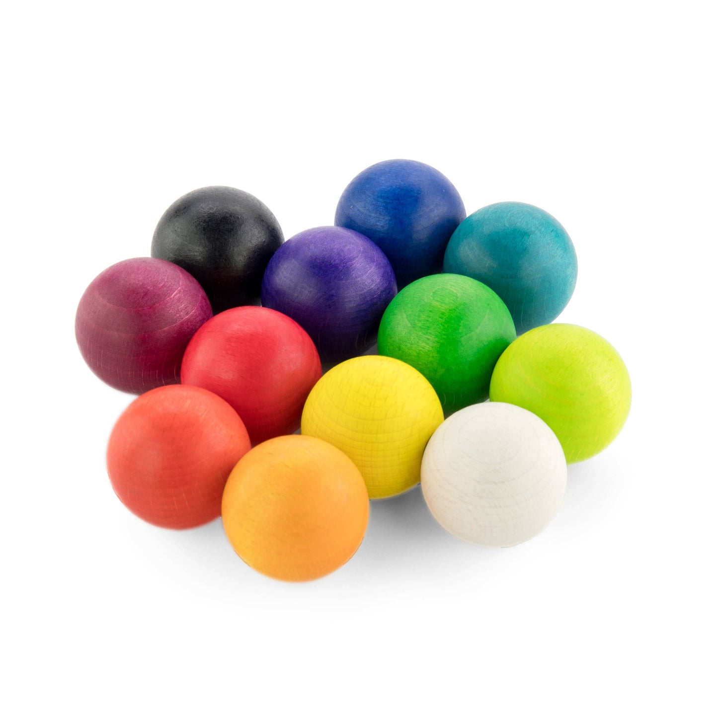 A vibrant beechwood puzzle ball featuring 12 colorful, interlocking spheres in a spectrum of hues.