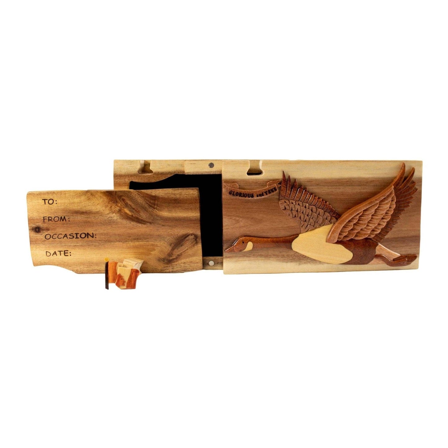 Hand-carved wooden gift box with a Canadian goose design, featuring a hollow compartment for inserting personalized cards.