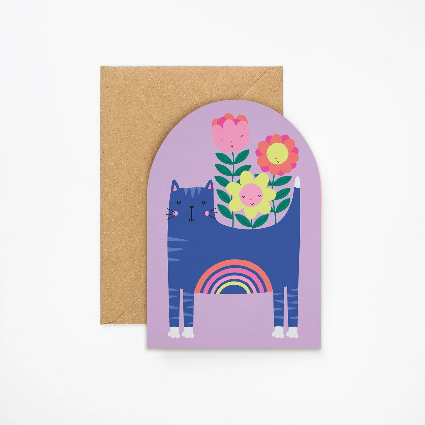Lilac arched greeting card with a blue cat, rainbow belly, and smiling flowers
