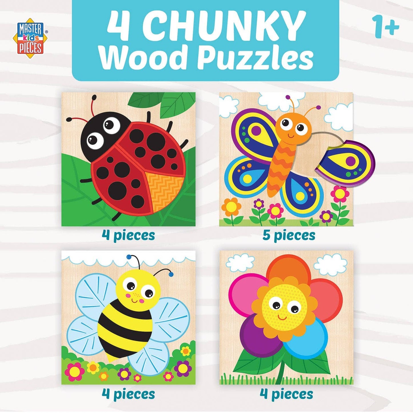Chunky wooden puzzles featuring colorful garden friends like a ladybug, butterfly, bee, and flower, perfect for little hands.